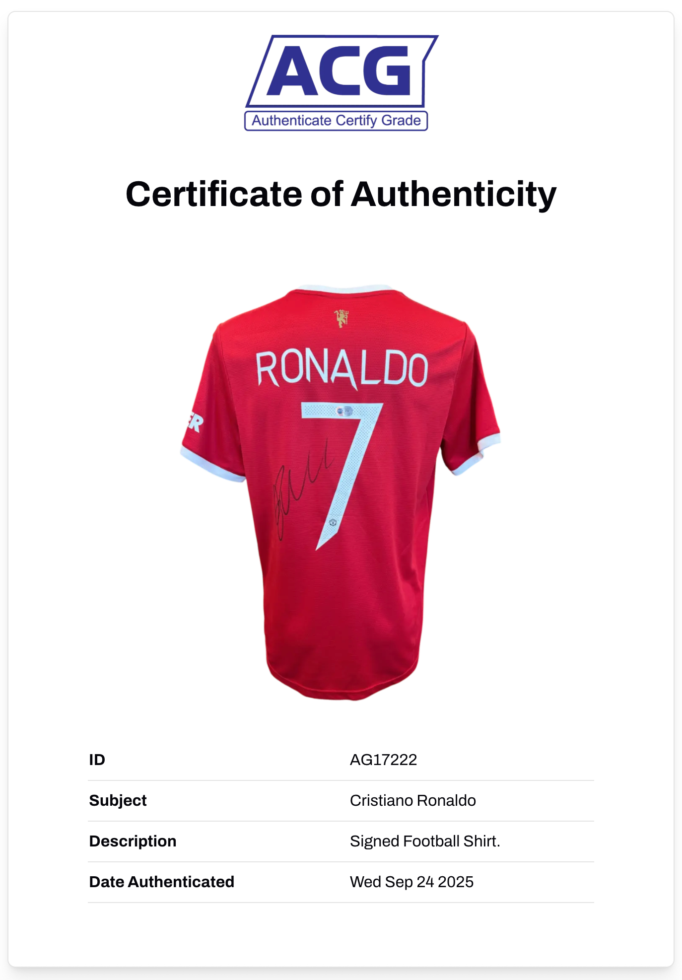 CRISTIANO RONALDO SIGNED 2021/22 MANCHESTER UNITED HOME SHIRT (ACG CERT AG17222)