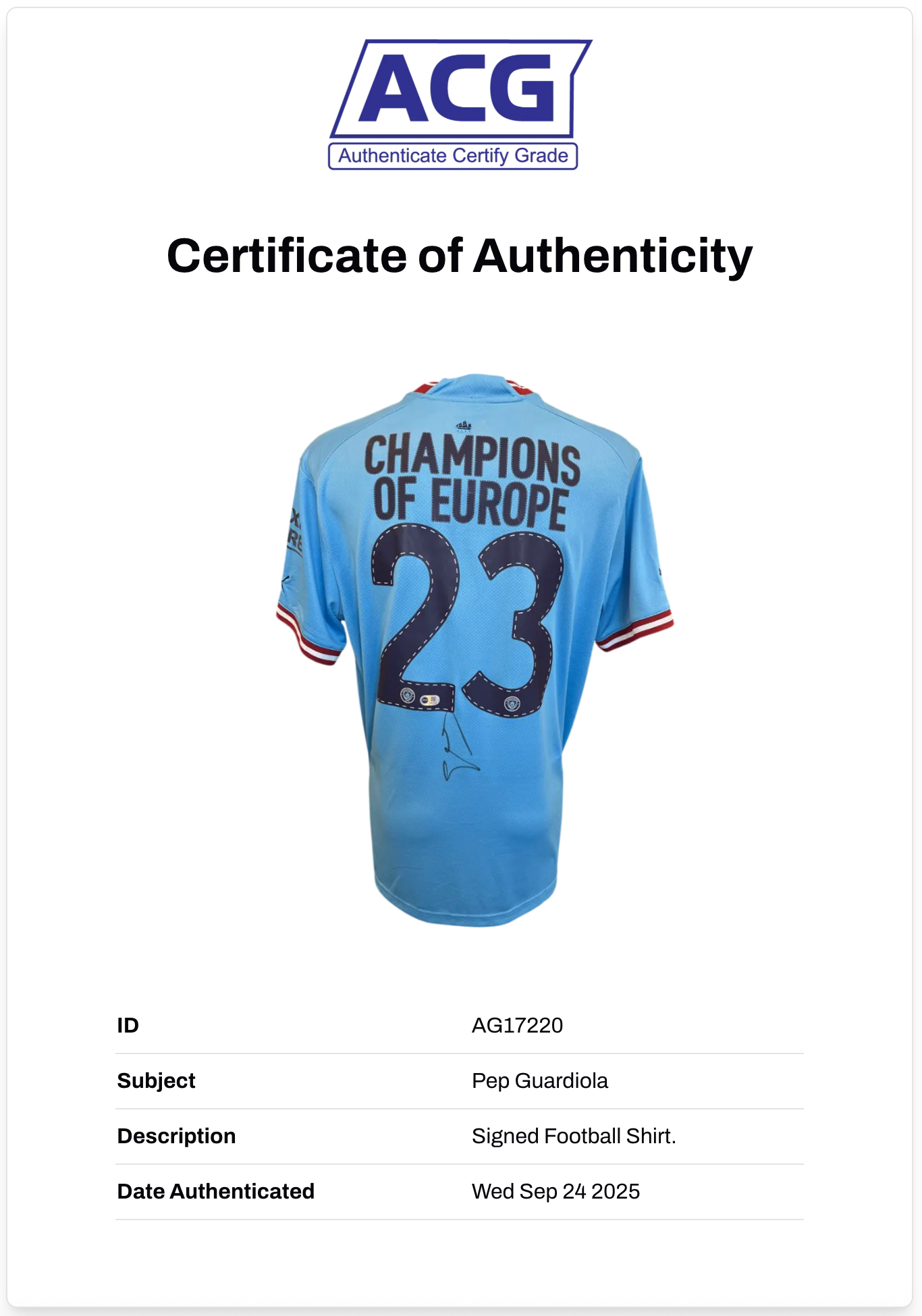 PEP GUARDIOLA SIGNED 2022/23 MAN CITY CHAMPIONS OF EUROPE SHIRT (ACG CERT AG17220)