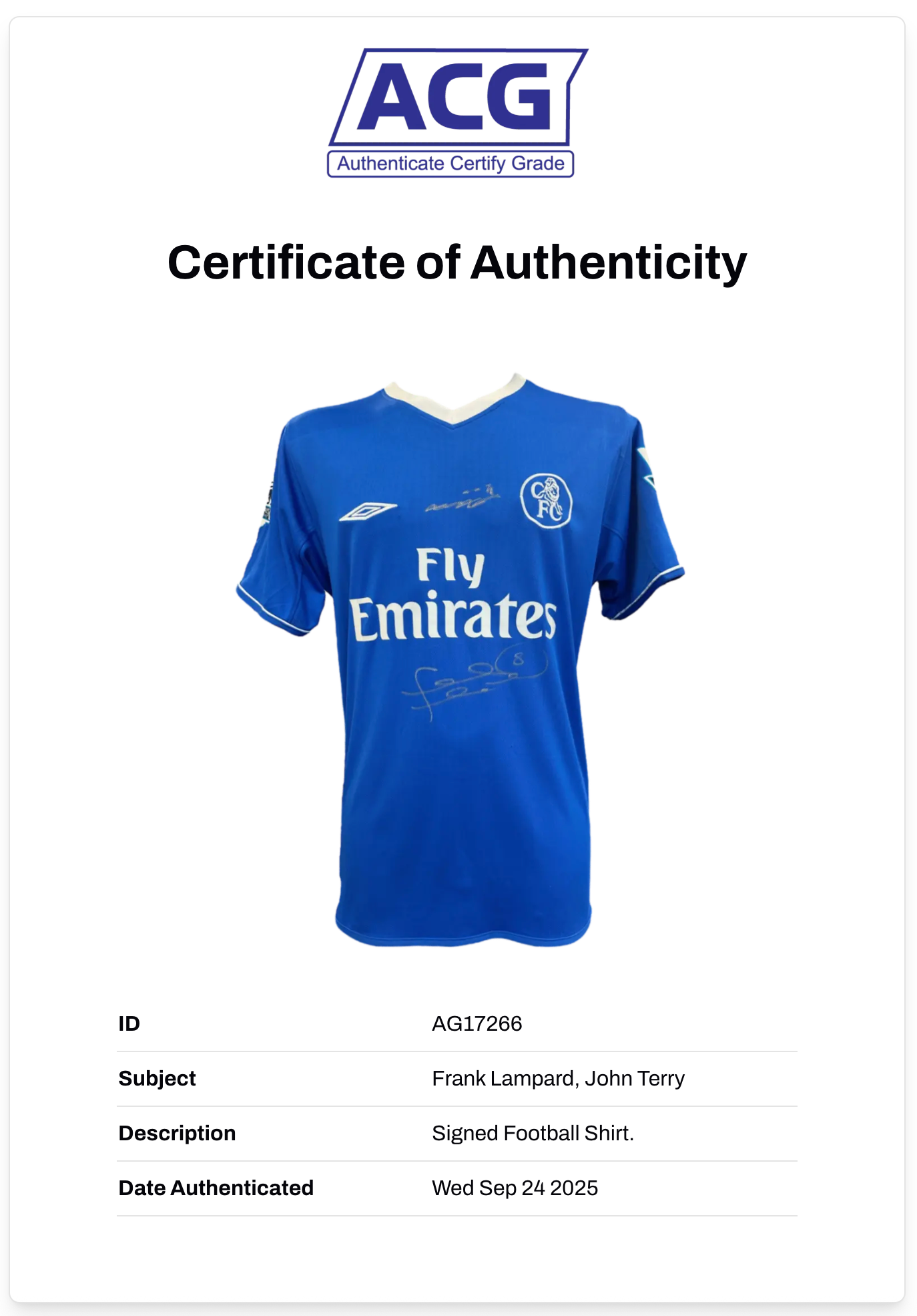 FRANK LAMPARD & JOHN TERRY SIGNED CHELSEA 2004/05 HOME SHIRT (ACG CERT AG17266)