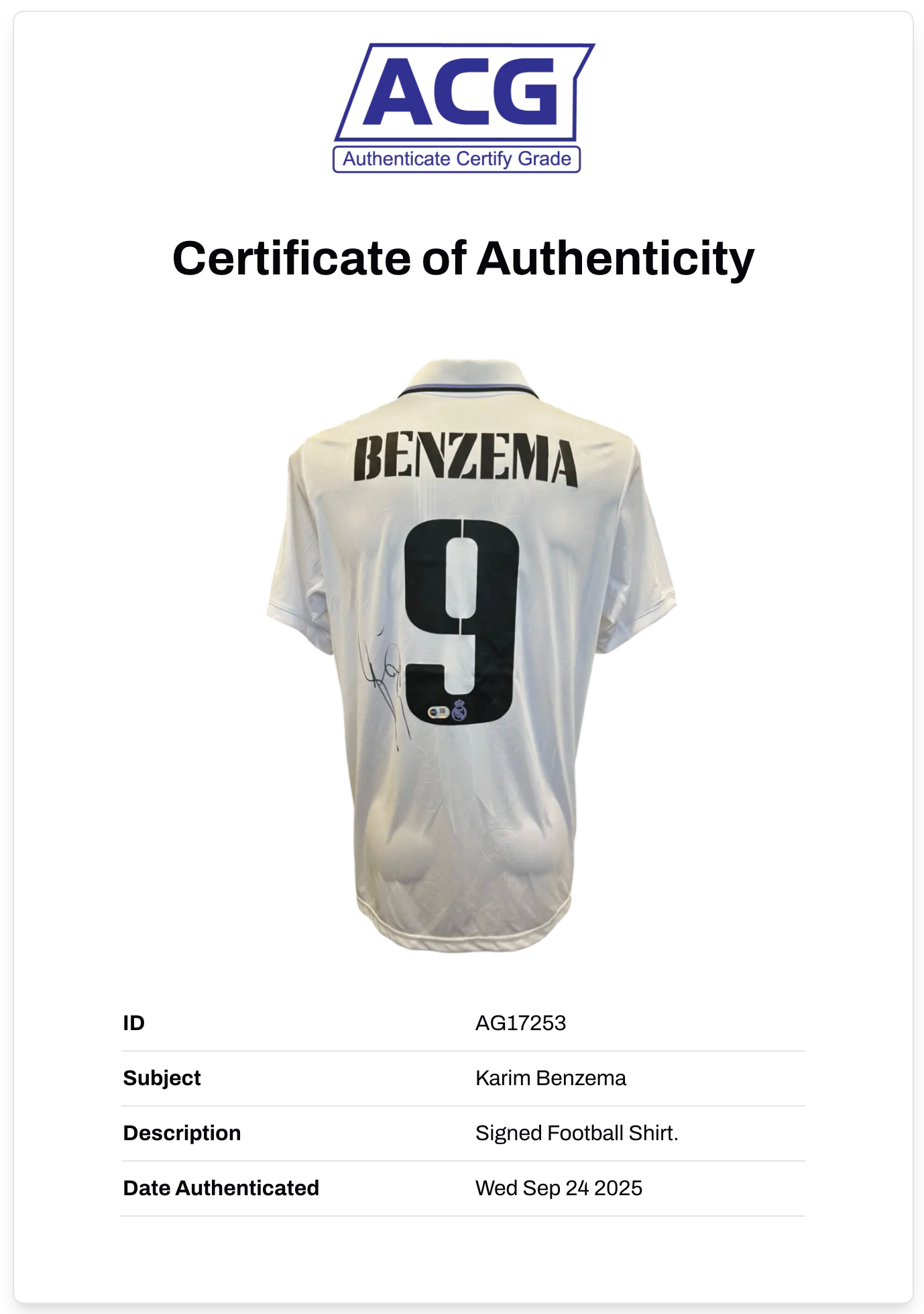 KARIM BENZEMA SIGNED 2022/23 REAL MADRID SHIRT (ACG CERT AG17253)
