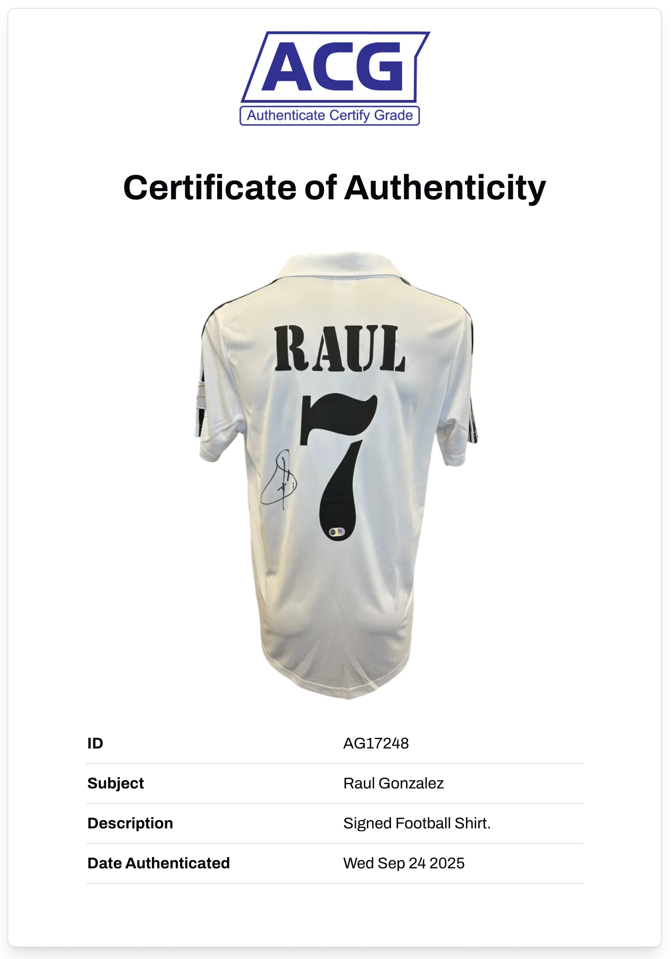 RAUL GONZALEZ SIGNED 2001/02 REAL MADRID SHIRT SPAIN LEGEND (ACG CERT AG17248)