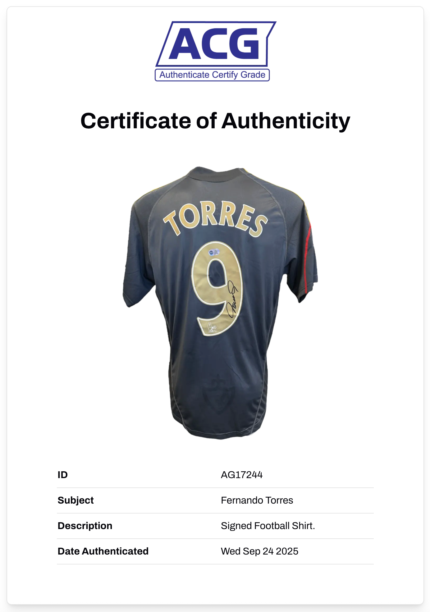 FERNANDO TORRES SIGNED LIVERPOOL 2009/10 AWAY SHIRT (ACG CERT AG17244)