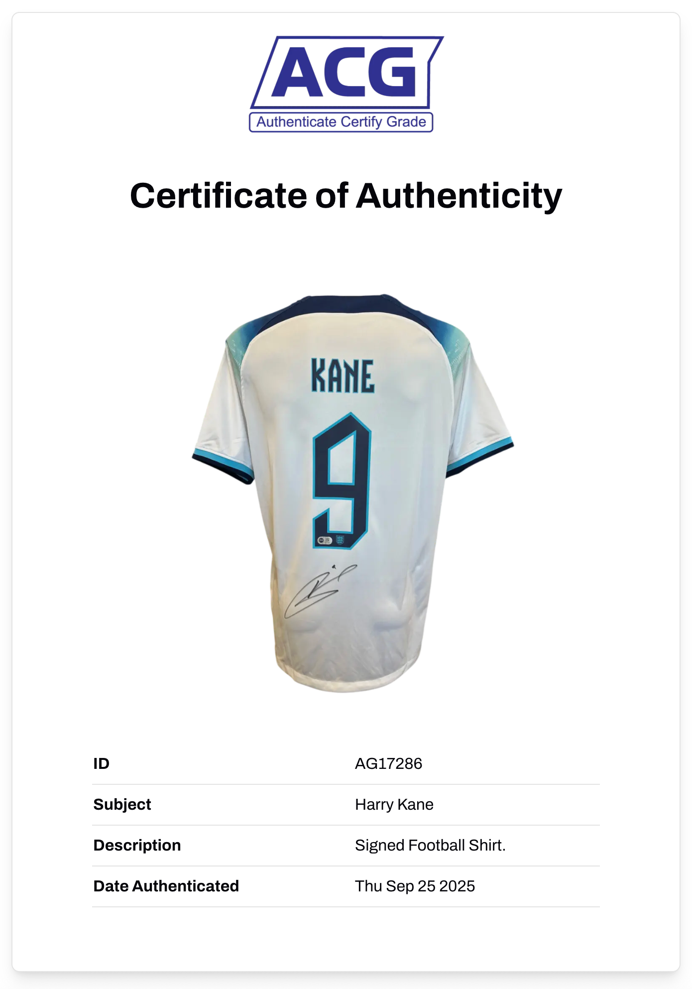 HARRY KANE SIGNED 2022 ENGLAND RECORD GOAL SCORER HOME SHIRT (ACG CERT AG17286)