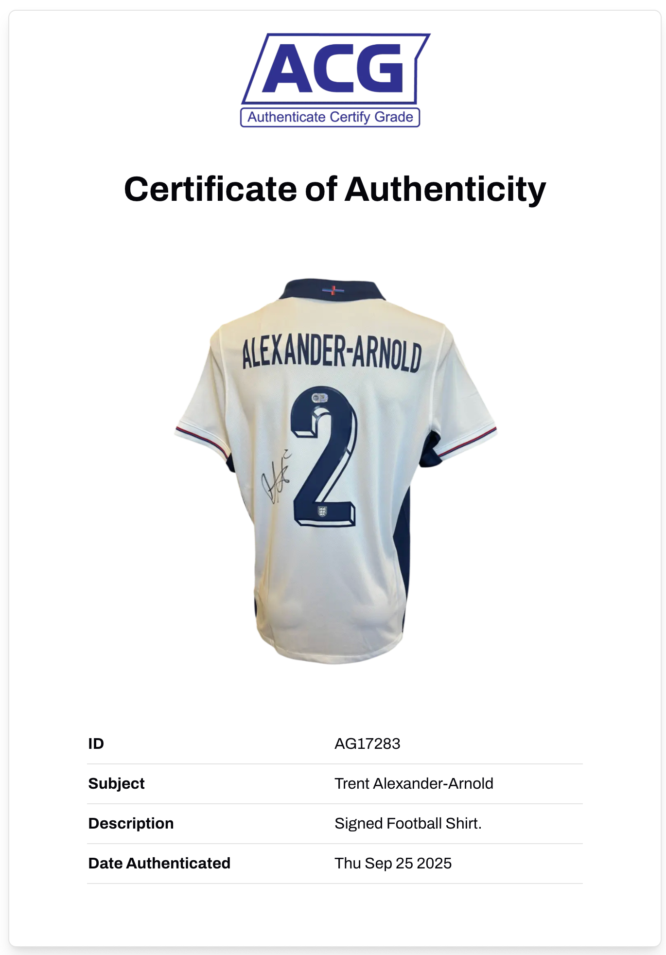 TRENT ALEXANDER-ARNOLD SIGNED 2024 ENGLAND HOME SHIRT (ACG CERT AG17283)