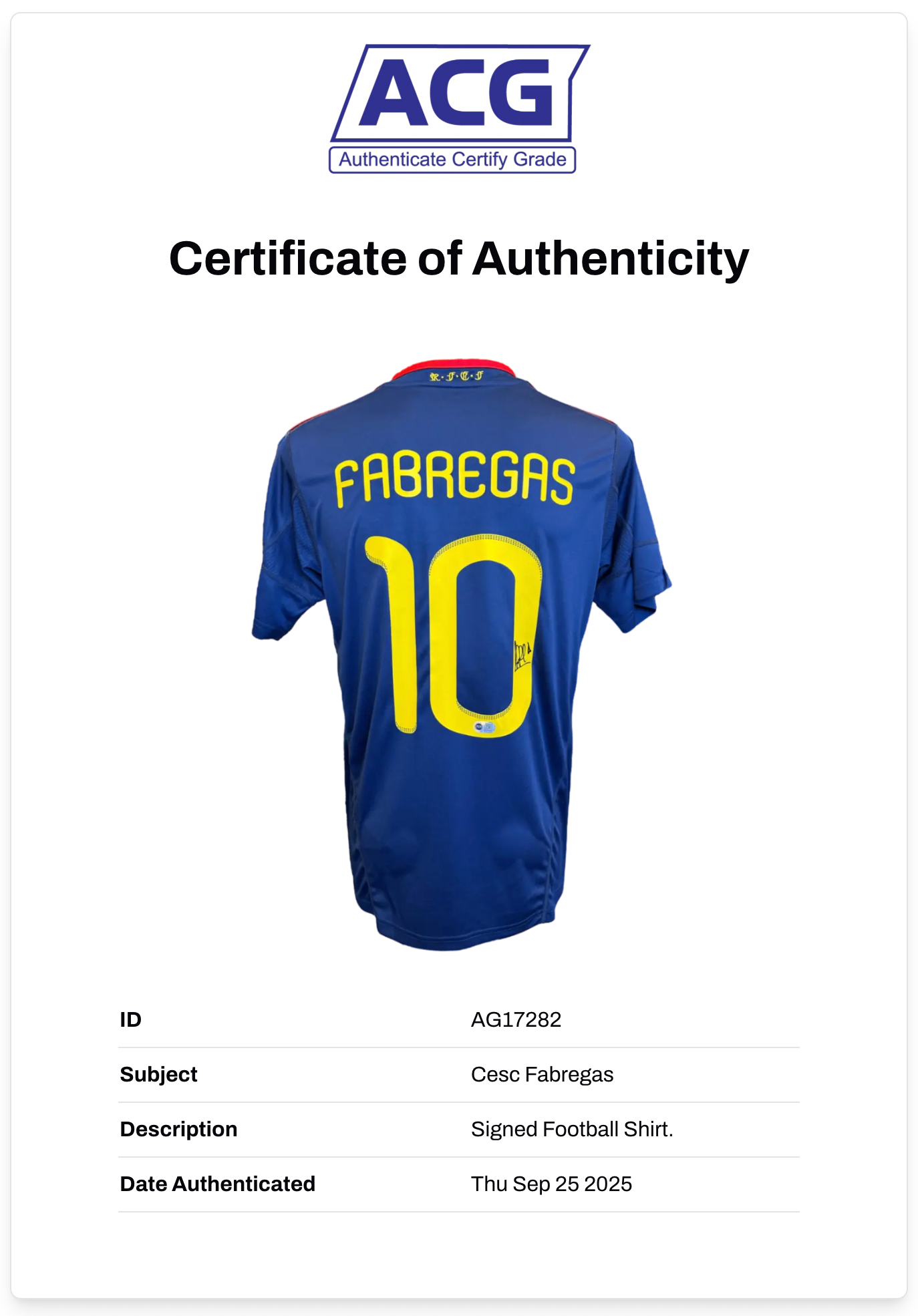 CESC FABREGAS SIGNED SPAIN WORLD CUP WIN 2010 AWAY SHIRT (ACG CERT AG17282)