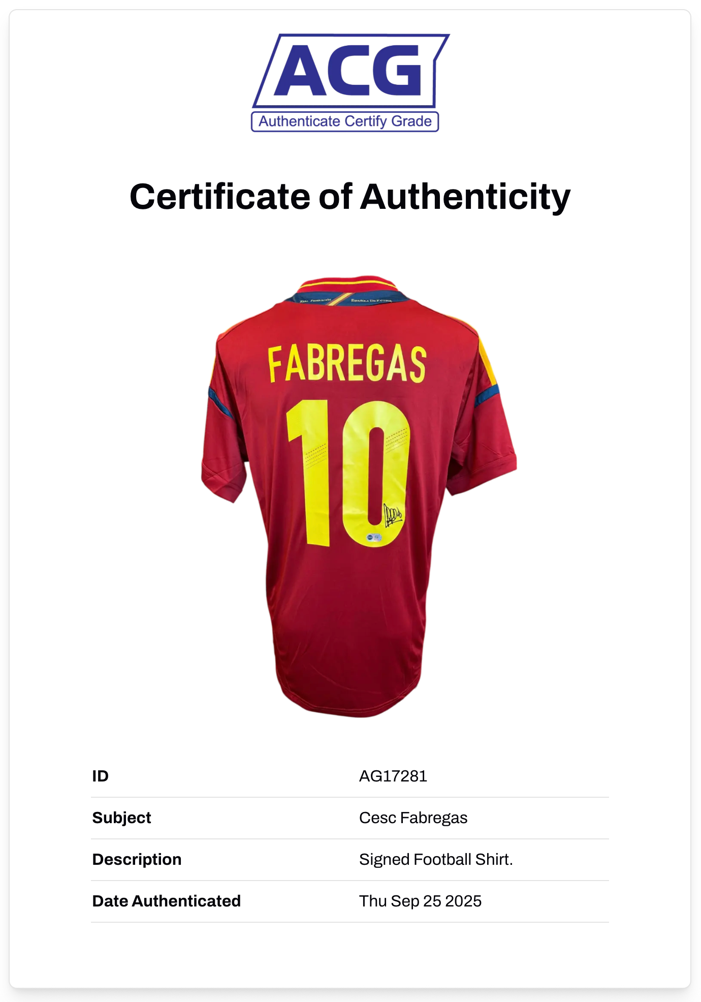 CESC FABREGAS SIGNED SPAIN EURO 2012 WIN HOME SHIRT (ACG CERT AG17281)