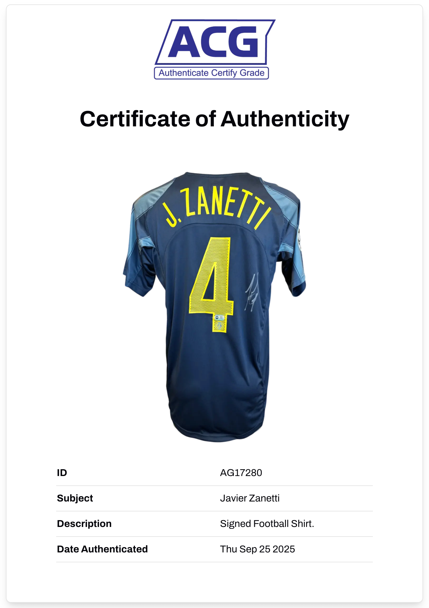 JAVIER ZANETTI SIGNED INTERNAZIONALE 2004/05 AWAY SHIRT (ACG CERT AG17280)