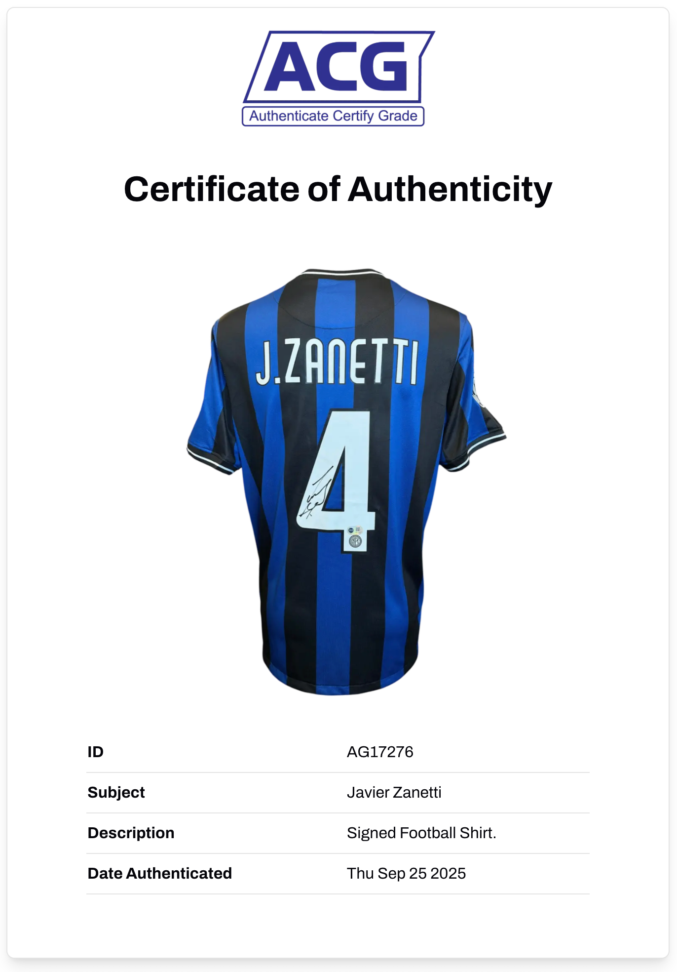 JAVIER ZANETTI SIGNED INTER MILAN 20010 UCL FINAL SHIRT (ACG CERT AG17276)