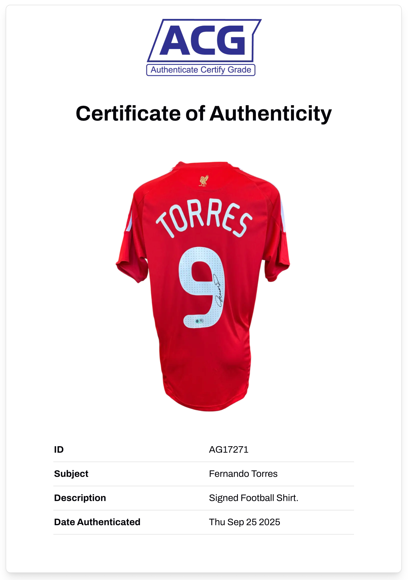FERNANDO TORRES SIGNED LIVERPOOL FC UCL 2008/10 HOME SHIRT (ACG CERT AG17271)
