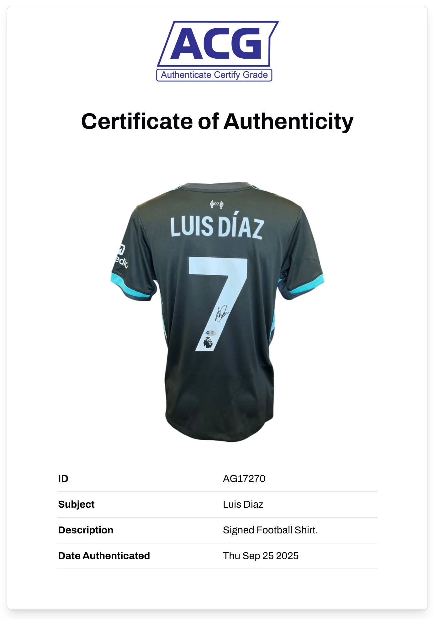 LUIS DIAZ SIGNED 2024/25 LIVERPOOL FC AWAY SHIRT DIAZ 7 (ACG CERT AG17270)
