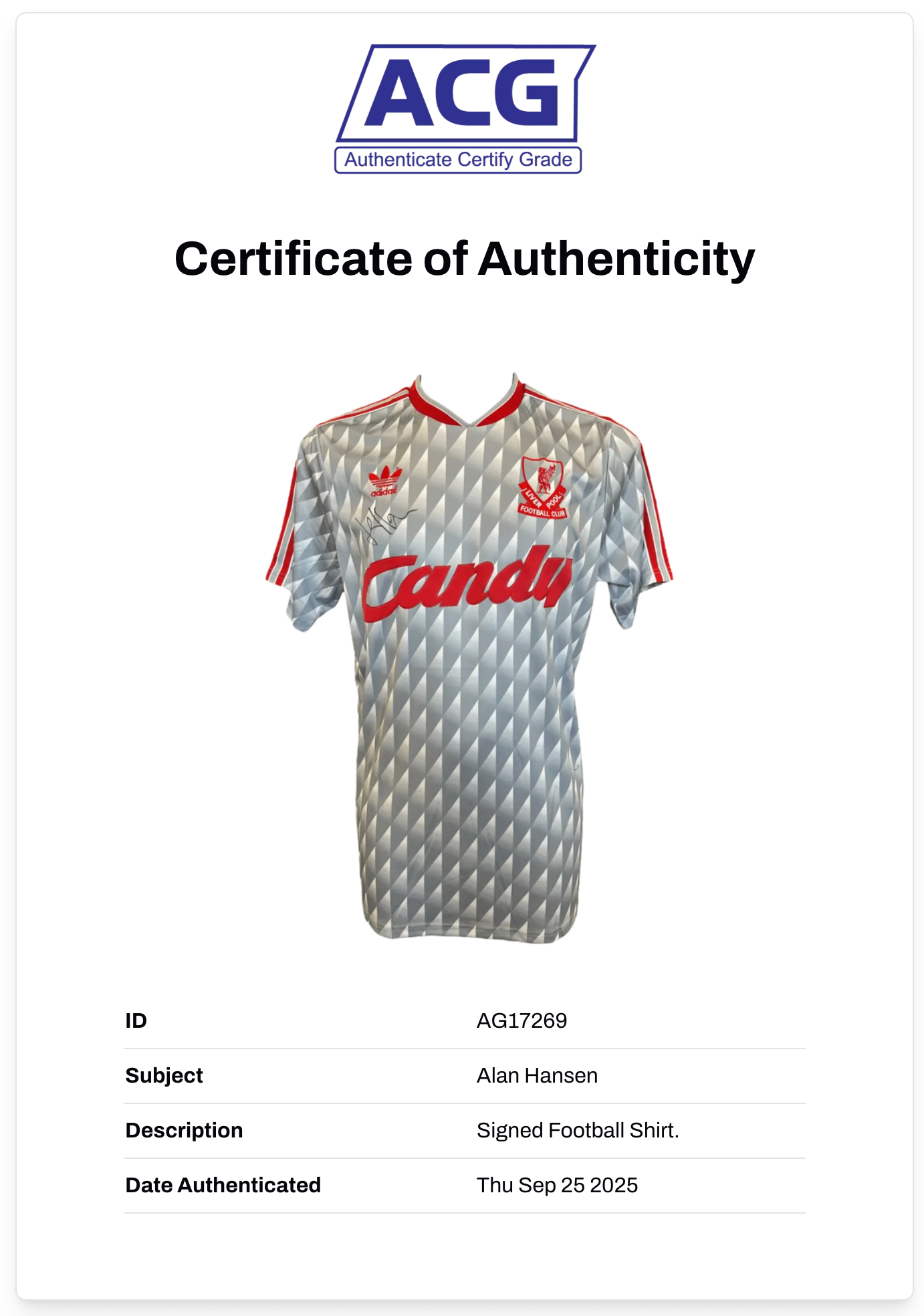 ALAN HANSEN SIGNED LIVERPOOL FC 1989/91 GREY AWAY SHIRT (ACG CERT AG17269)