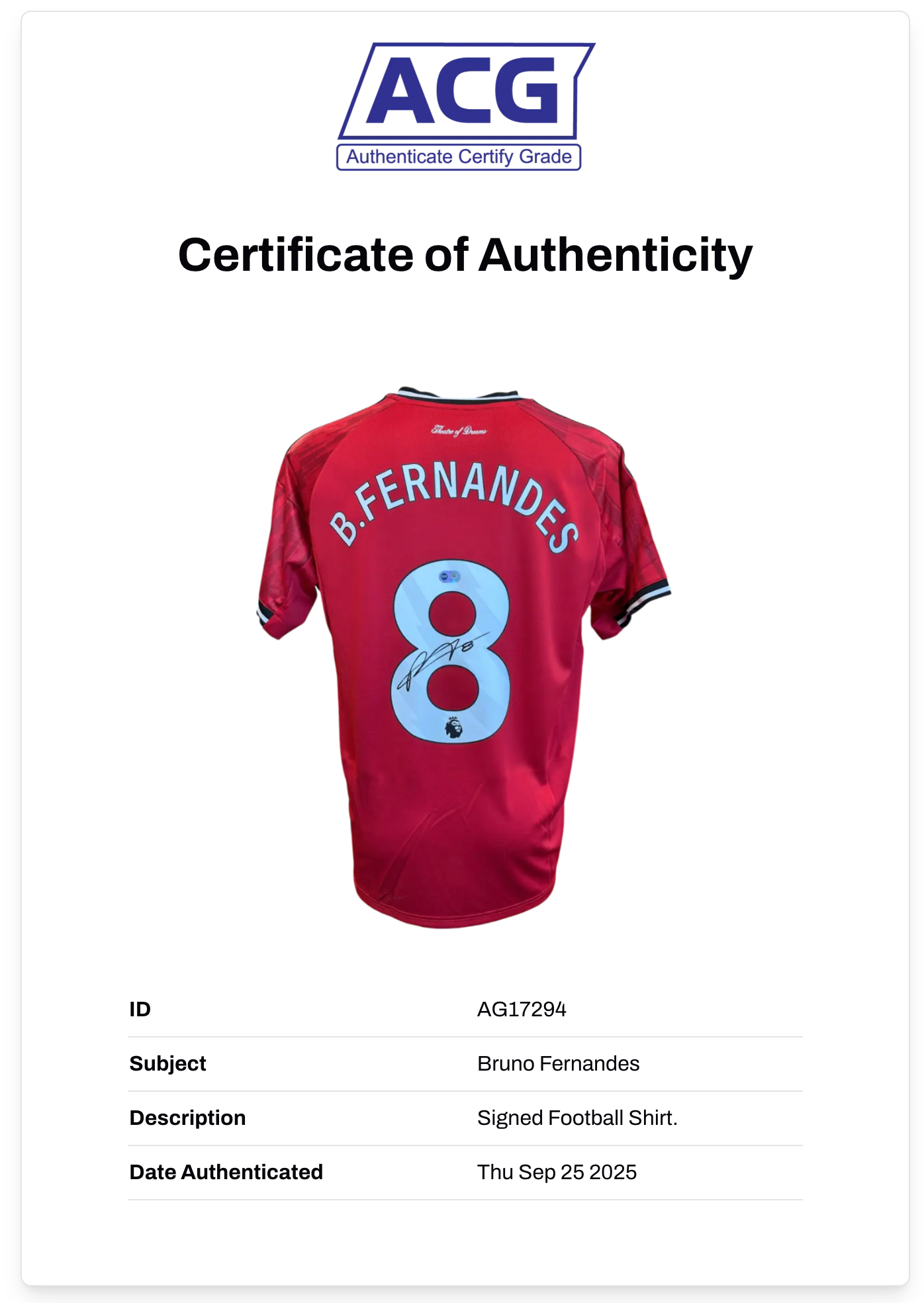BRUNO FERNANDES SIGNED 2025/26 MANCHESTER UTD HOME SHIRT (ACG CERT AG17294)