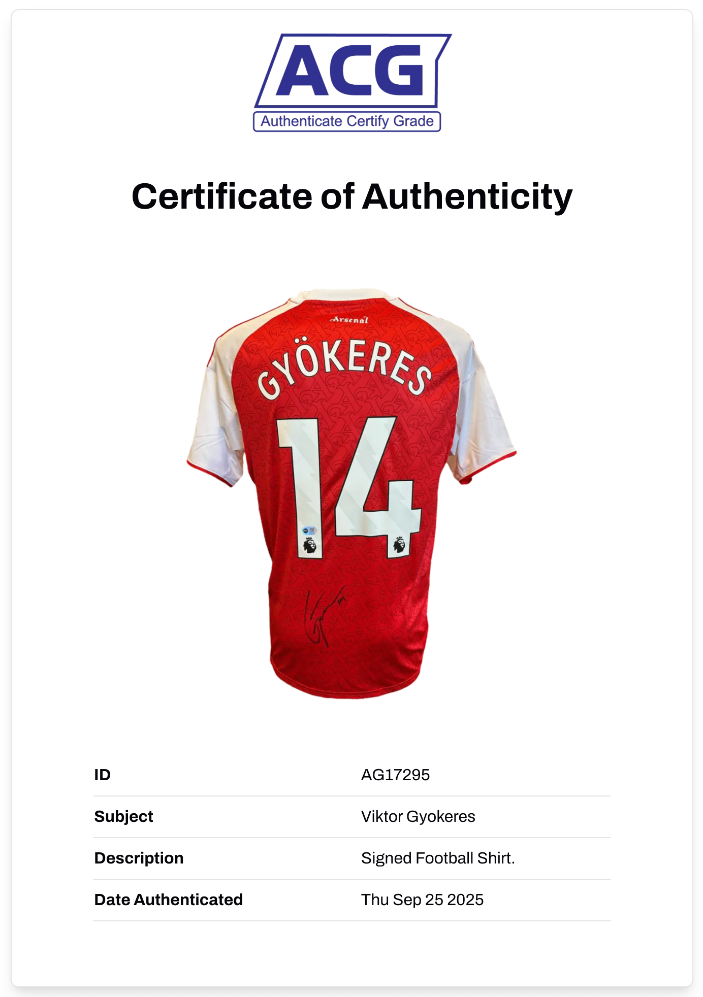 VIKTOR GYOKERES SIGNED ARSENAL FC 2025/26 HOME SHIRT (ACG CERT AG17295)