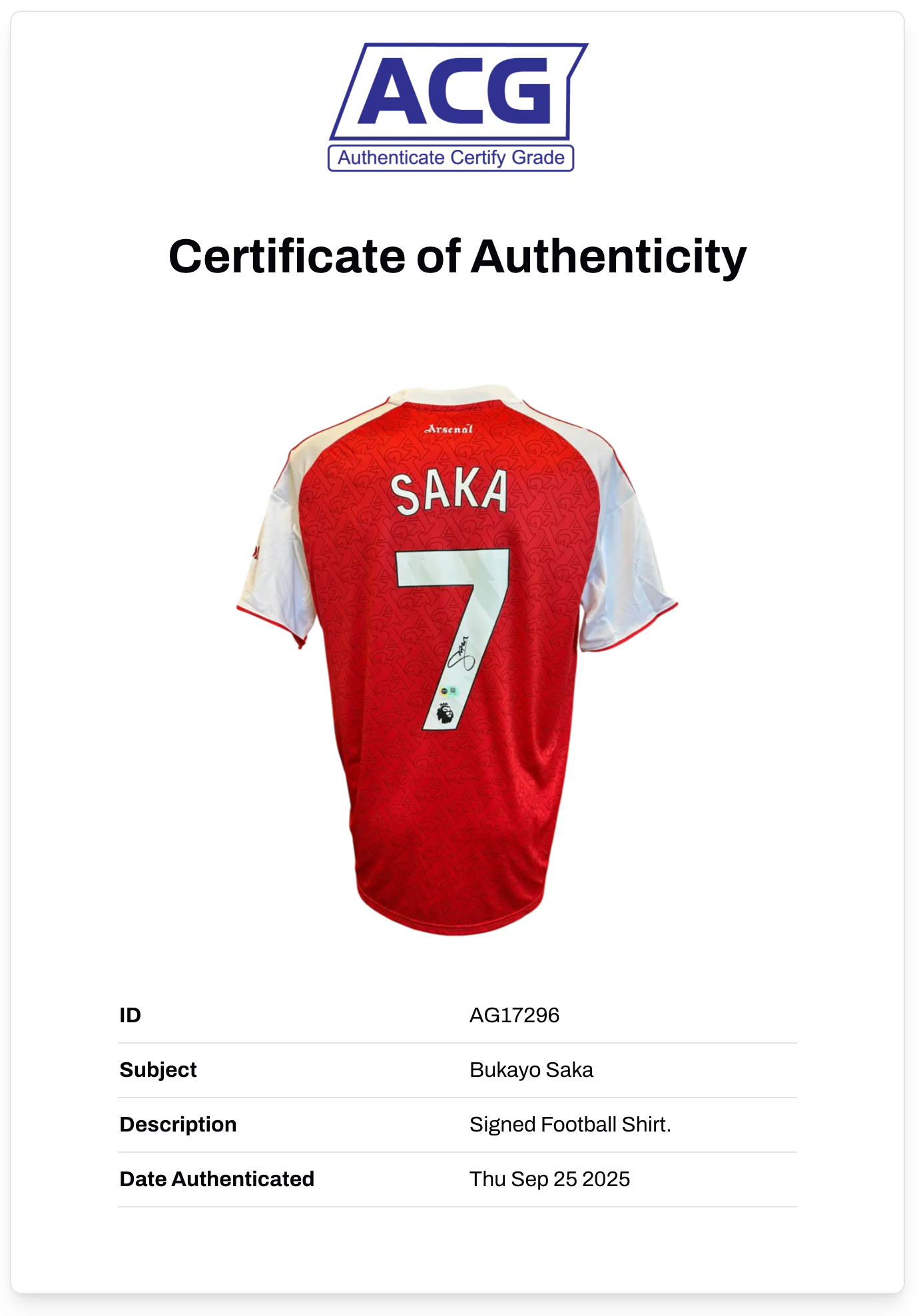 BUKAYO SAKA SIGNED ARSENAL FC 2025/26 HOME SHIRT (ACG CERT AG17296)