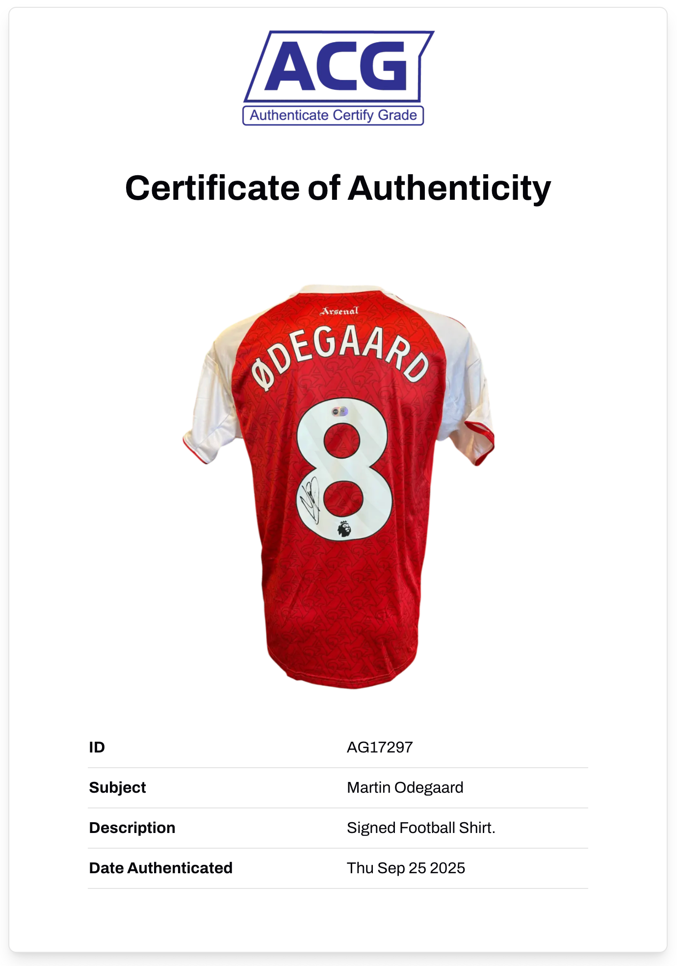 MARTIN ODEGAARD SIGNED ARSENAL FC 2025/26 HOME SHIRT (ACG CERT AG17297)