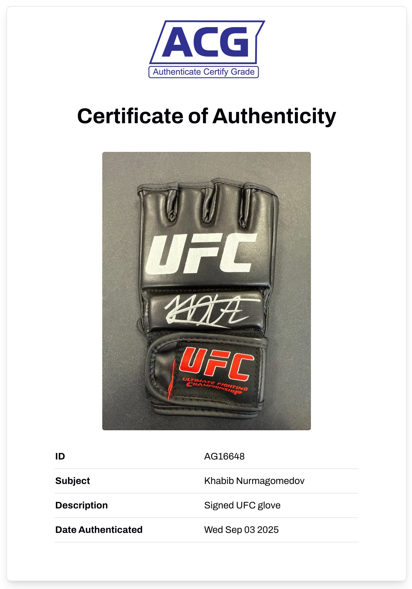 KHABIB NURMAGOMEDOV THE EAGLE SIGNED UFC FIGHT GLOVE (ACG CERT AG16648)