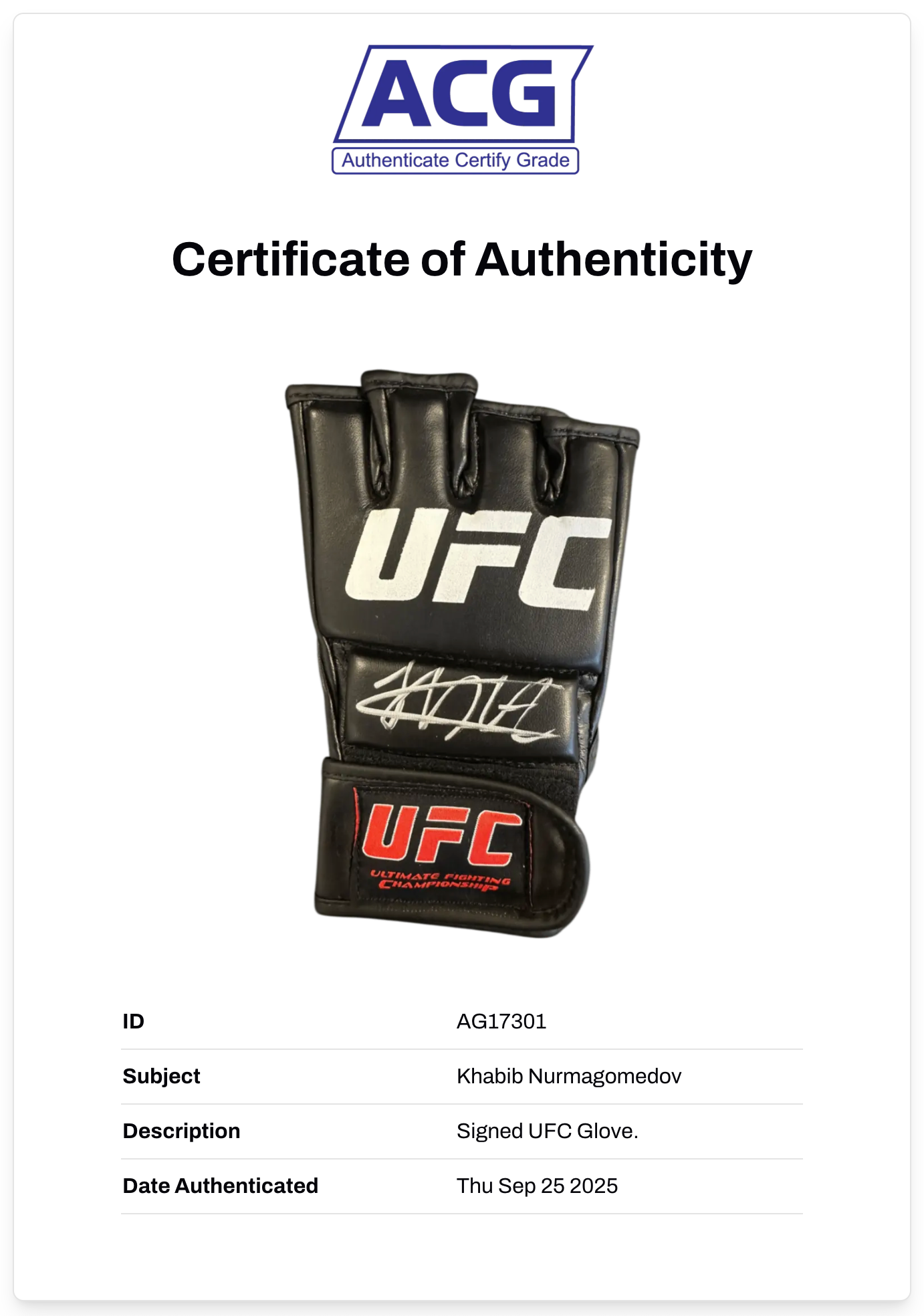 KHABIB NURMAGOMEDOV THE EAGLE SIGNED UFC FIGHT GLOVE (ACG CERT AG17301)