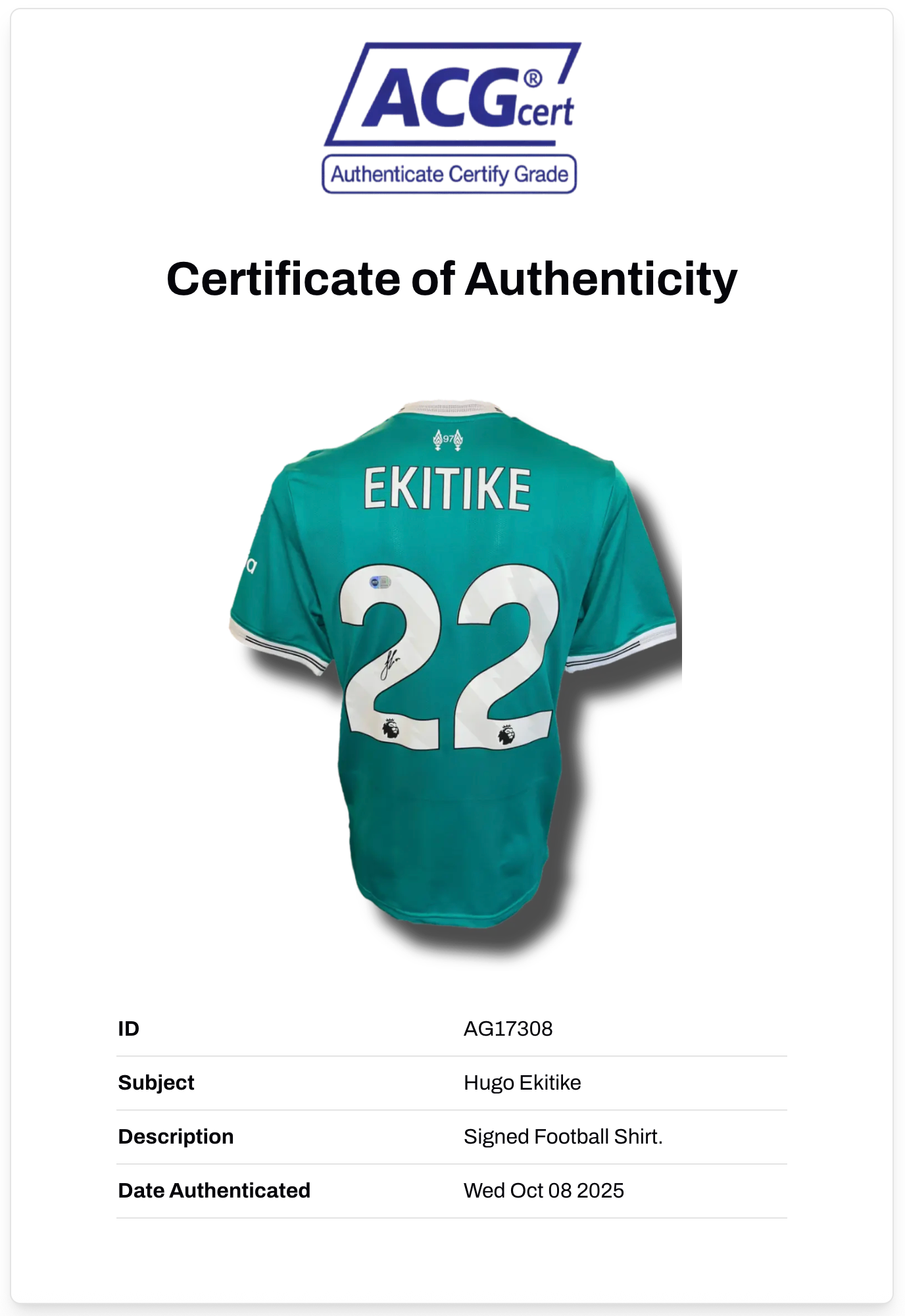 HUGO EKITIKE SIGNED 25/26 LIVERPOOL FC THIRD SHIRT (ACG CERT AG17308)