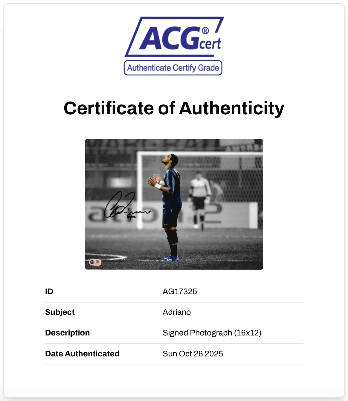 ADRIANO SIGNED INTER MILAN LEGEND 16x12 PHOTO (ACG CERT AG17325)