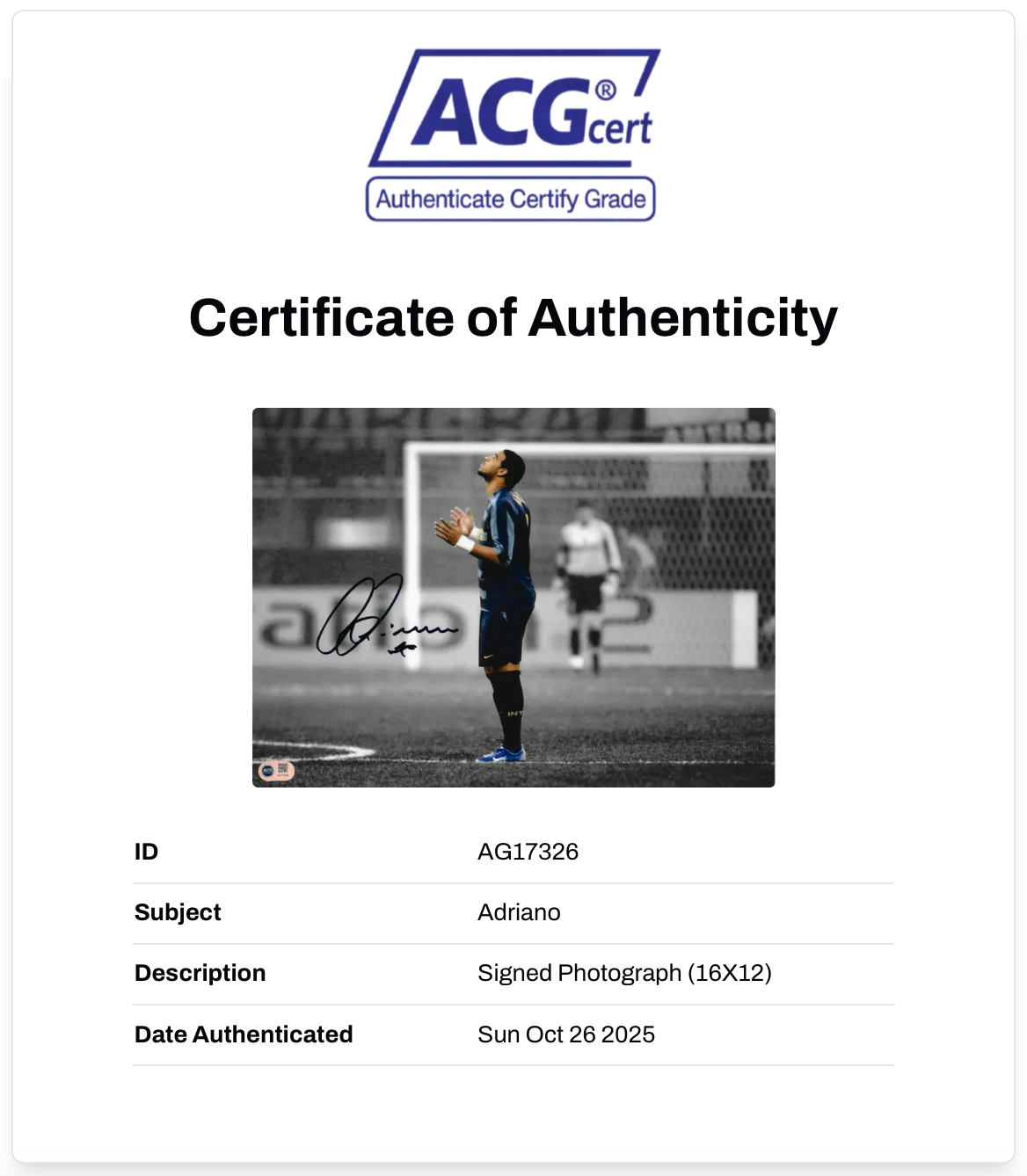 ADRIANO SIGNED INTER MILAN LEGEND 16x12 PHOTO (ACG CERT AG17326)