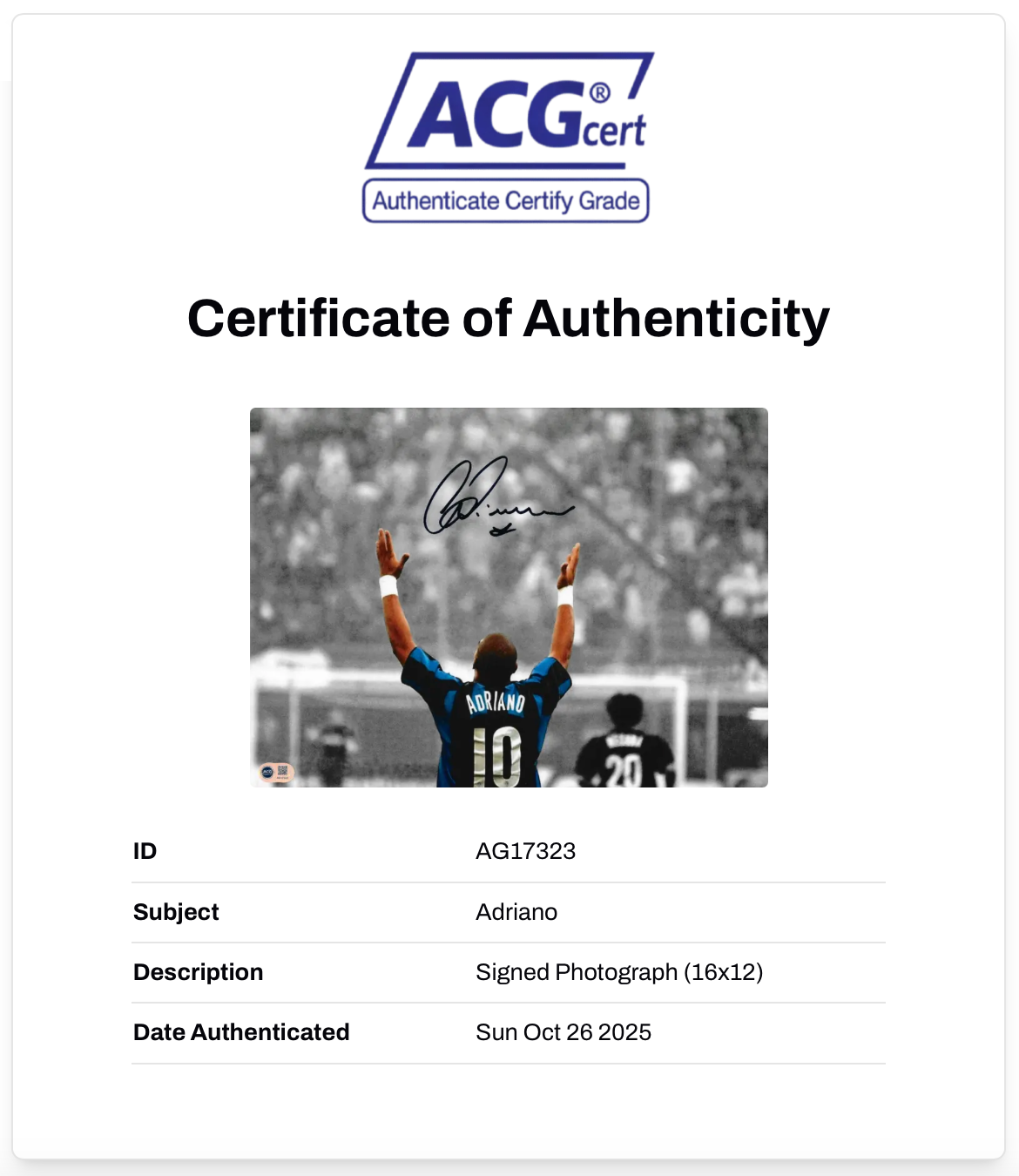 ADRIANO SIGNED INTER MILAN LEGEND 16x12 PHOTO (ACG CERT AG17323)