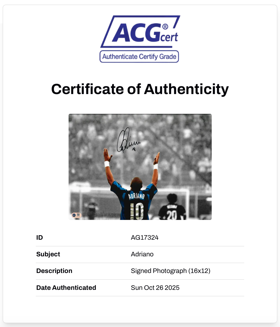 ADRIANO SIGNED INTER MILAN LEGEND 16x12 PHOTO (ACG CERT AG17324)