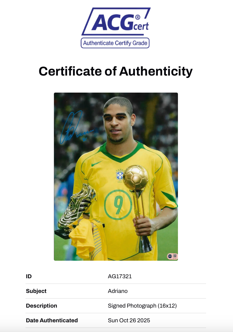 ADRIANO SIGNED BRAZIL LEGEND 16x12 PHOTO (ACG CERT AG17321)