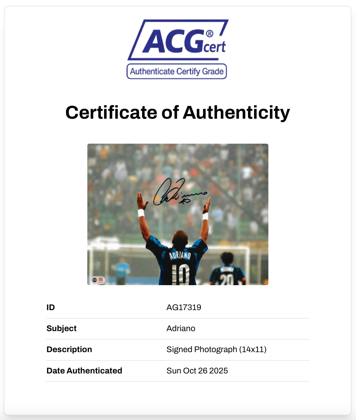 ADRIANO SIGNED INTER MILAN LEGEND 14x11 PHOTO (ACG CERT AG17319)