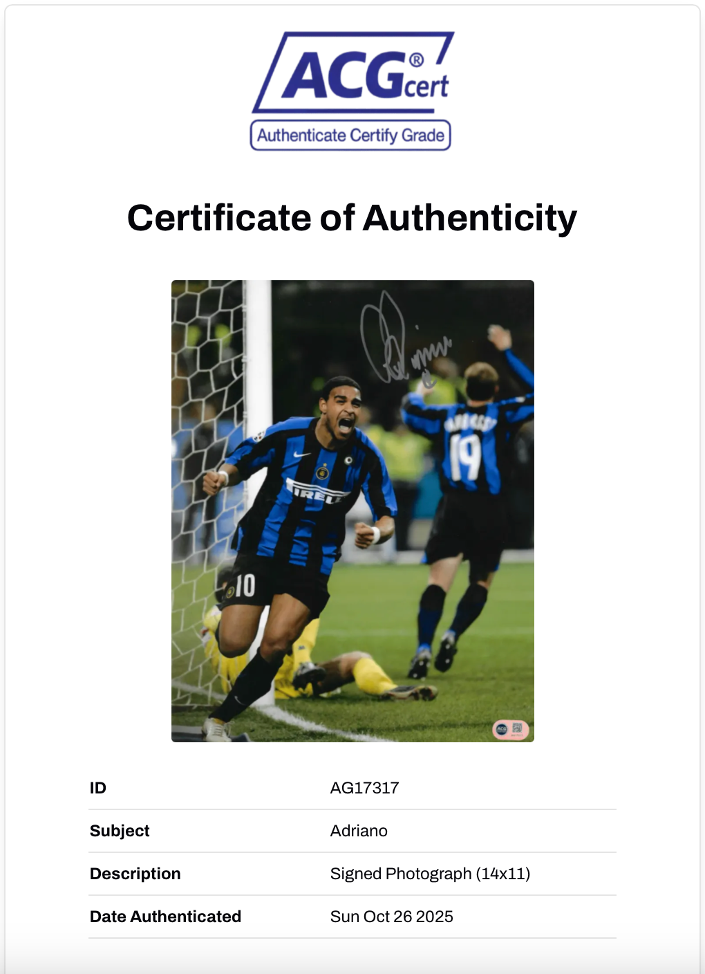 ADRIANO SIGNED INTER MILAN LEGEND 14x11 PHOTO (ACG CERT AG17317)