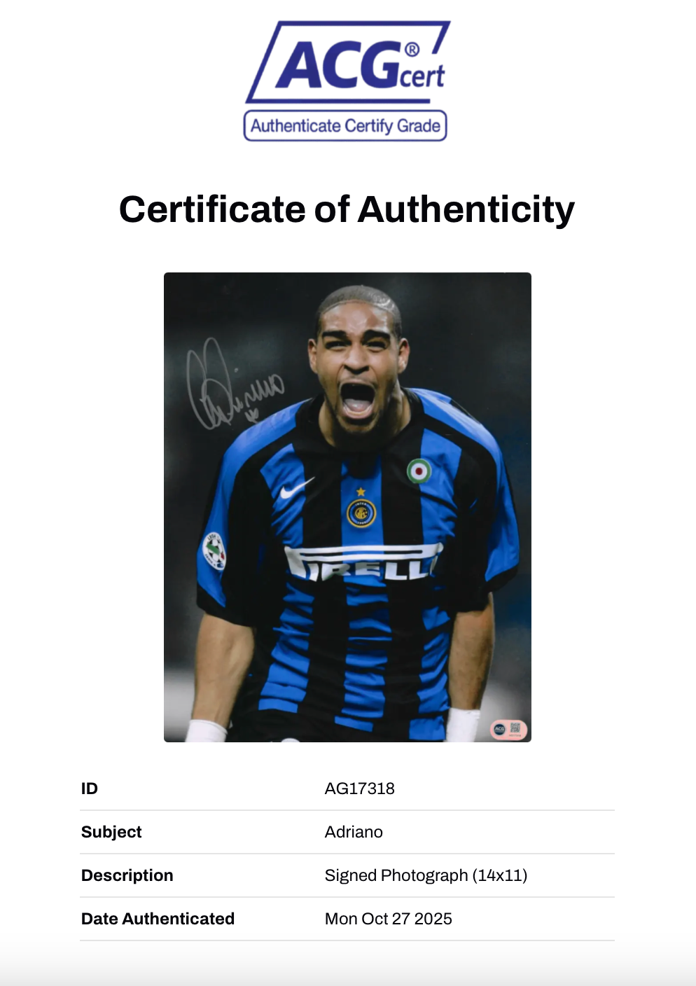ADRIANO SIGNED INTER MILAN LEGEND 14x11 PHOTO (ACG CERT AG17318)