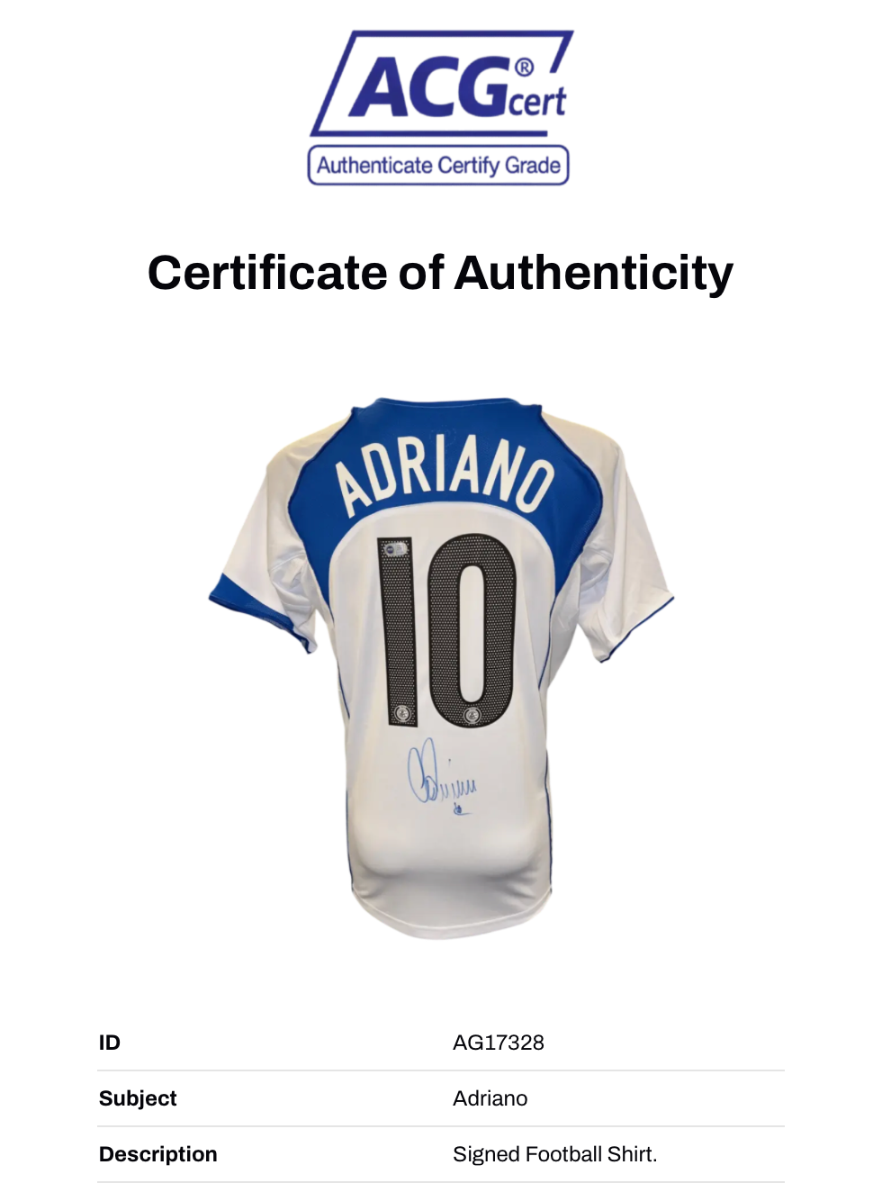 ADRIANO SIGNED INTER MILAN 2004/05 AWAY WHITE SHIRT (ACG CERT AG17328)
