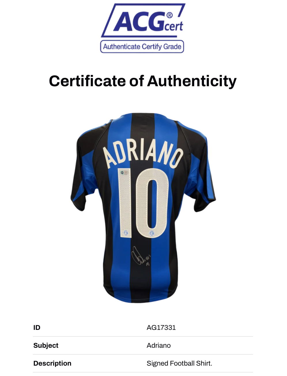 ADRIANO SIGNED INTER MILAN 2004/05 HOME INTERNAZIONALE SHIRT (ACG CERT AG17331)