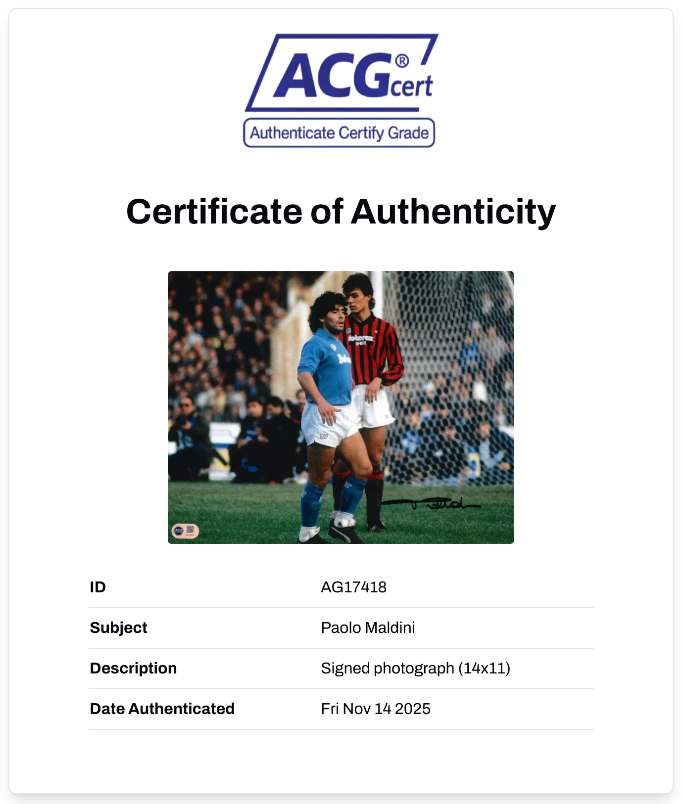 PAOLO MALDINI SIGNED AC MILAN ITALY LEGEND 14x11 PHOTO (ACG CERT AG17418)