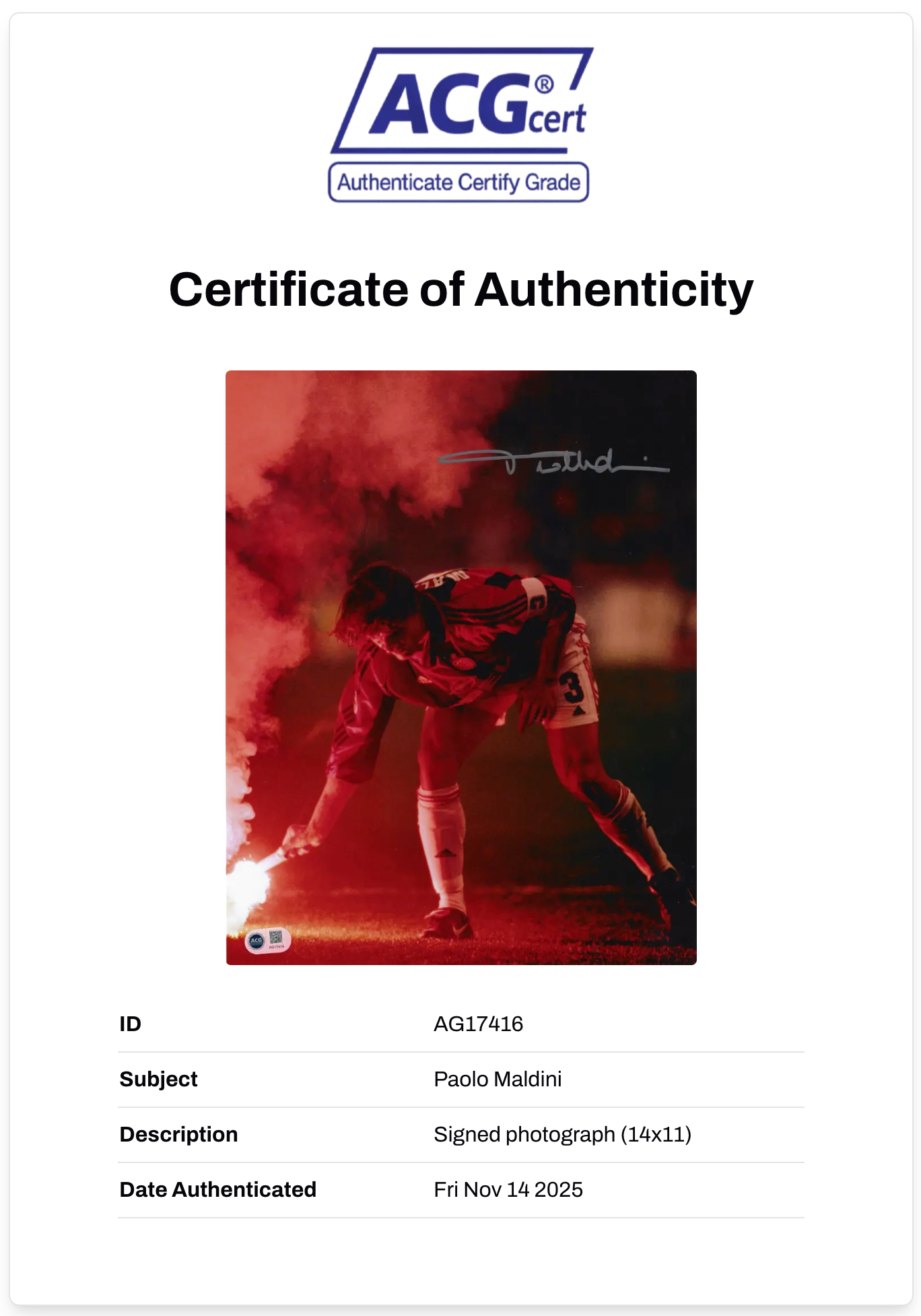 PAOLO MALDINI SIGNED AC MILAN ITALY LEGEND 14x11 PHOTO (ACG CERT AG17416)