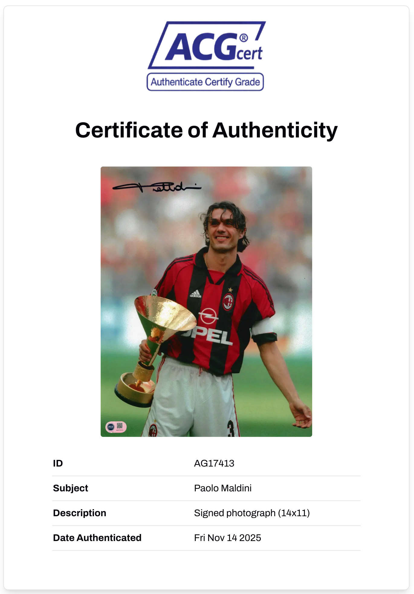 PAOLO MALDINI SIGNED AC MILAN ITALY LEGEND 14x11 PHOTO (ACG CERT AG17413)