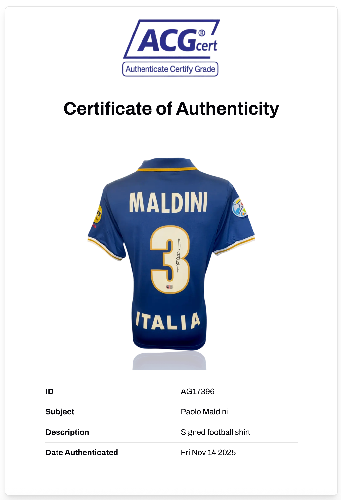 PAOLO MALDINI SIGNED ITALY EURO 1996 HOME SHIRT (ACG CERT AG17396)