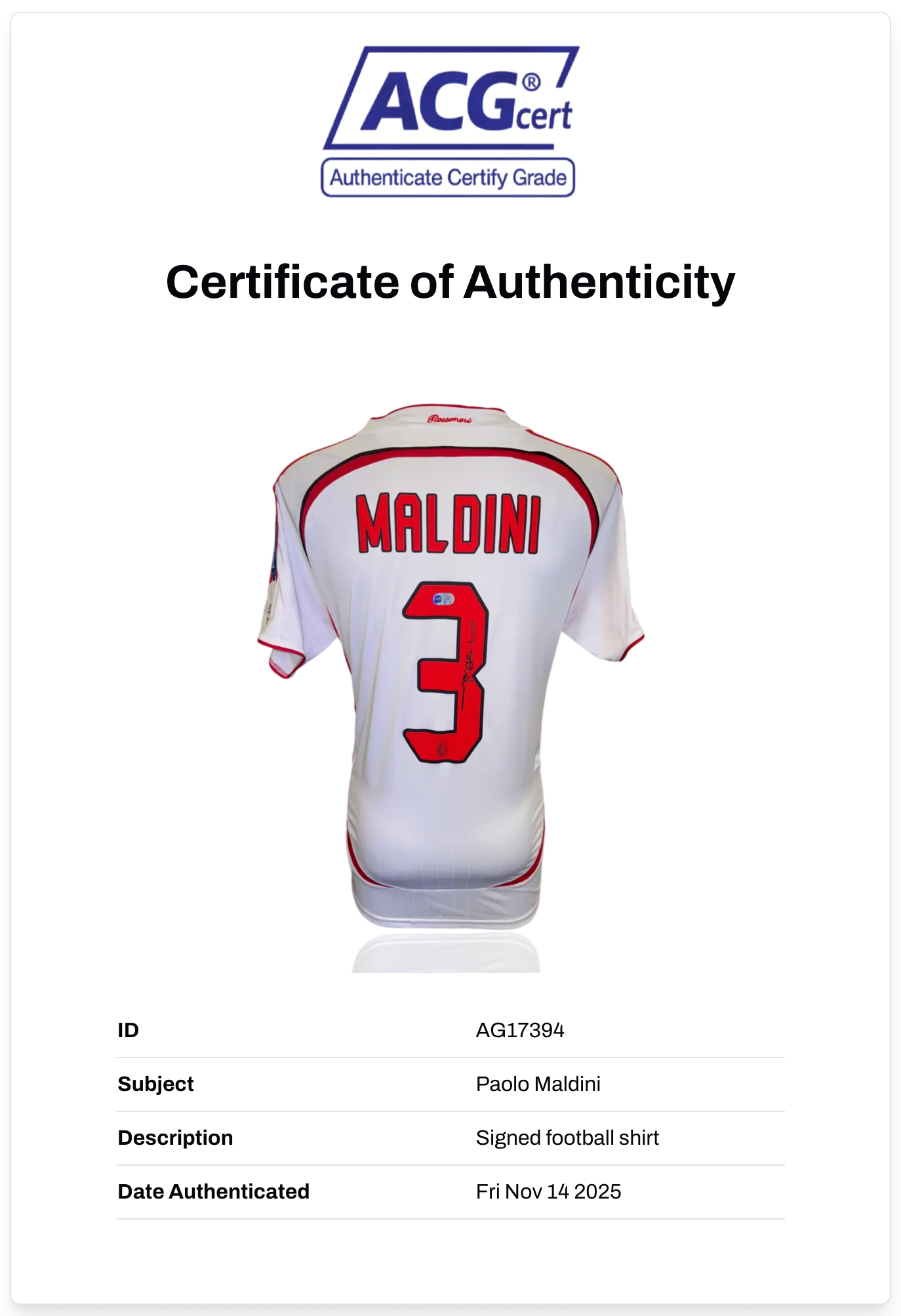 PAOLO MALDINI SIGNED AC MILAN 2007 AWAY SHIRT (ACG CERT AG17394)