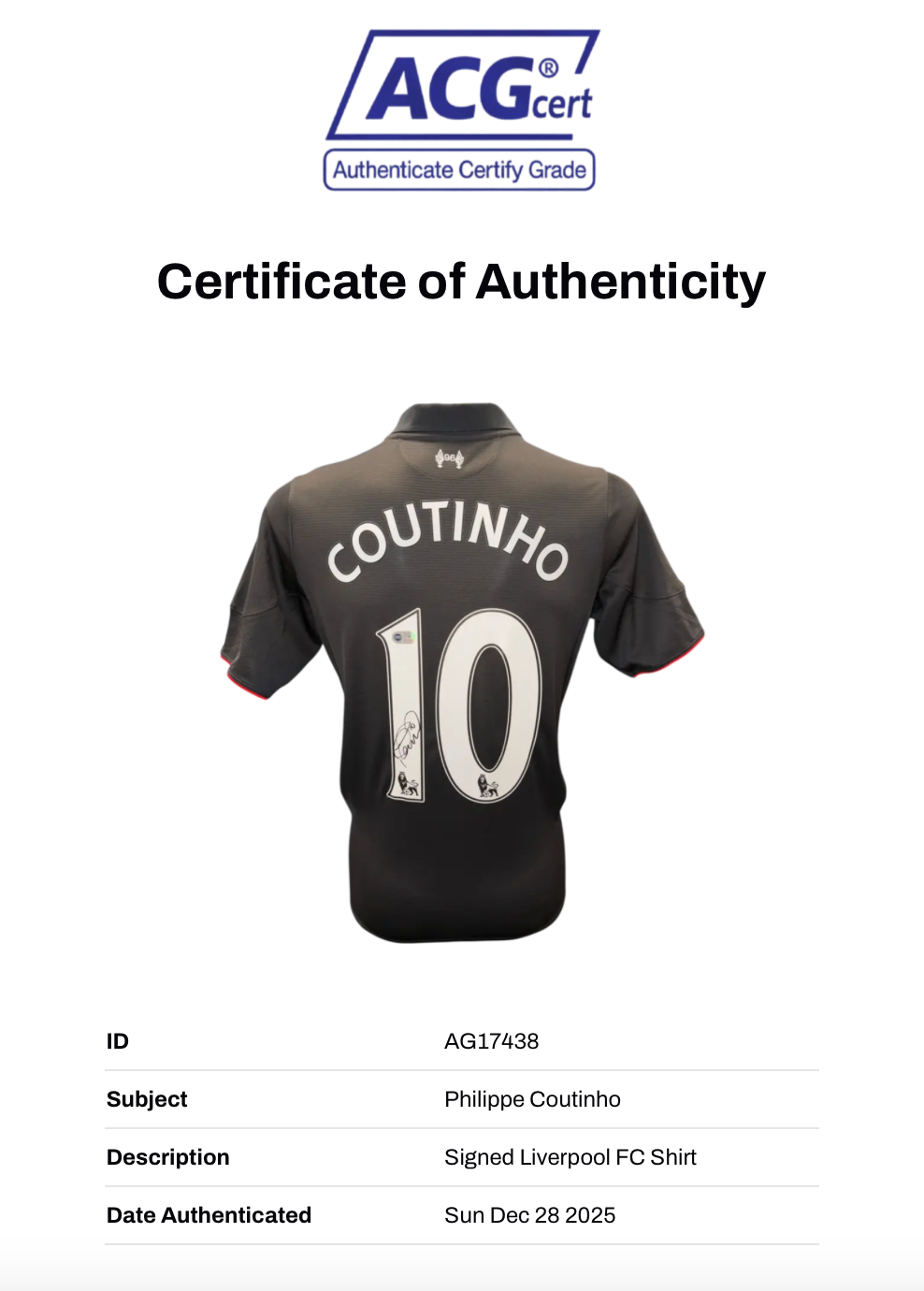PHILIPPE COUTINHO SIGNED 2015/16 LIVERPOOL FC THIRD SHIRT (ACG CERT AG17438)