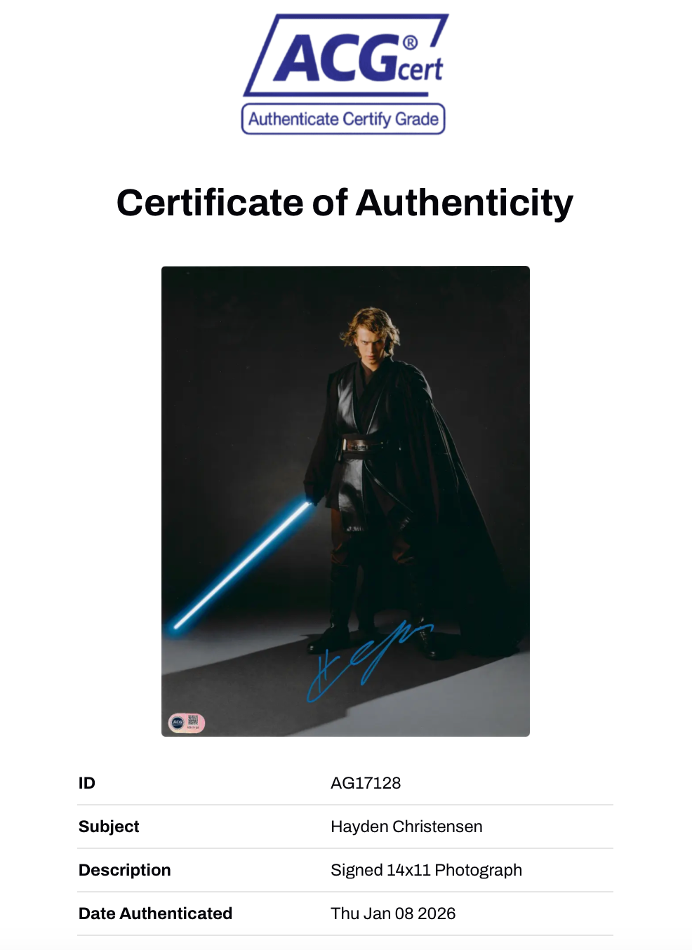HAYDEN CHRISTENSEN SIGNED STAR WARS 14X11 PHOTO (ACG CERT AG17128)