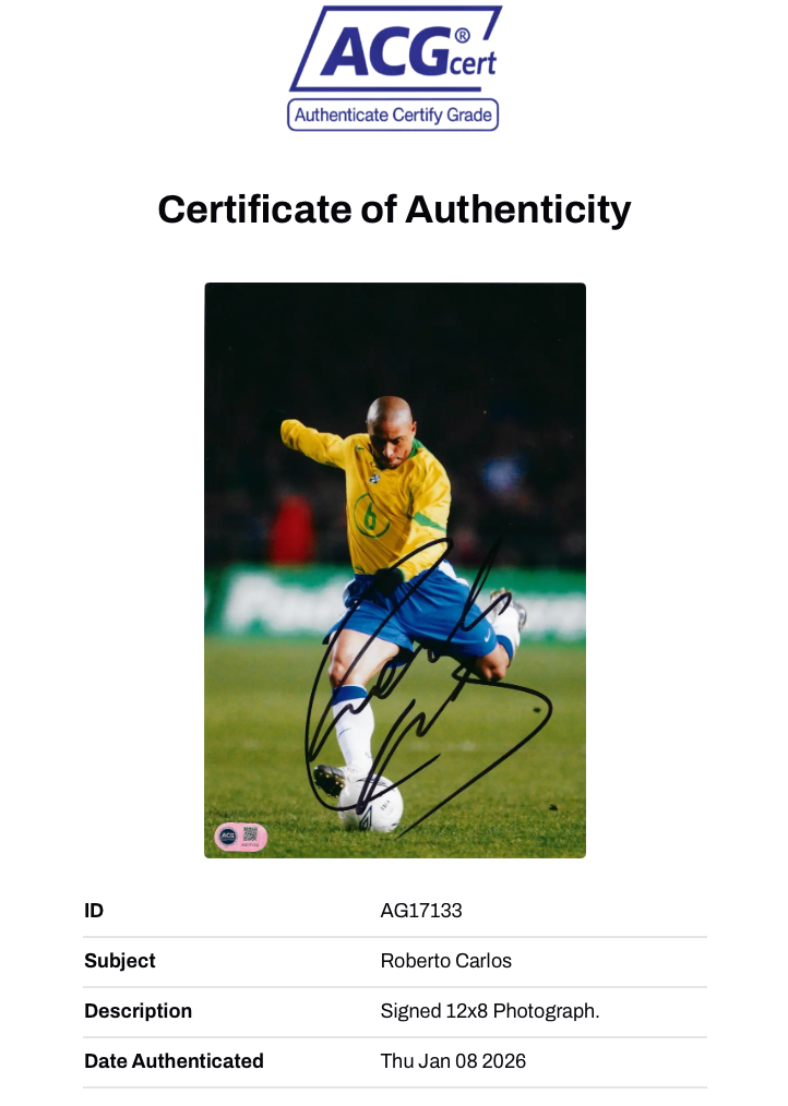 ROBERTO CARLOS SIGNED BRAZIL LEGEND 12X8 PHOTO (ACG CERT AG17133)