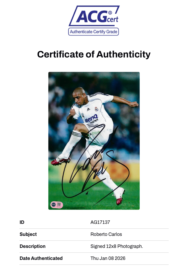 ROBERTO CARLOS SIGNED REAL MADRID LEGEND 12X8 PHOTO (ACG CERT AG17137)