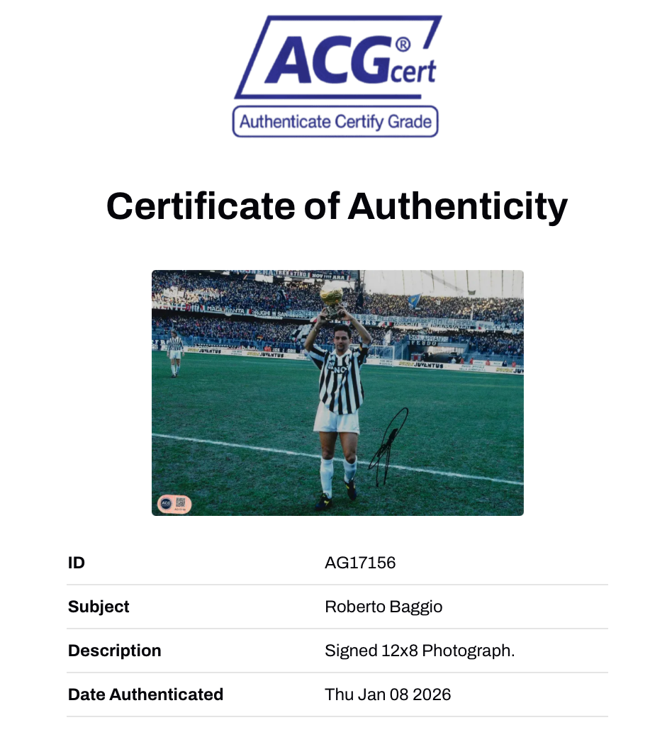 ROBERTO BAGGIO SIGNED 12x8 JUVENTUS BALLON D’OR PHOTO (ACG CERT AG17156)