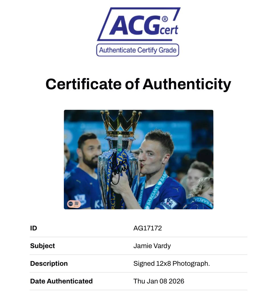 JAMIE VARDY SIGNED LEICESTER CITY PL CHAMPIONS 12X8 PHOTO (ACG CERT AG17172)