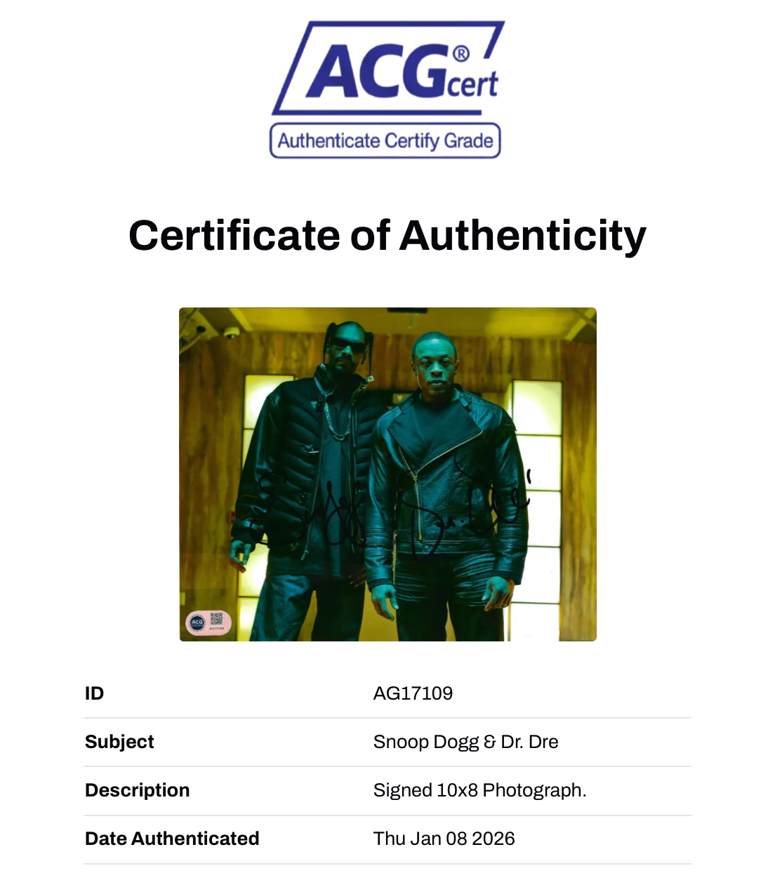 DR. DRE & SNOOP DOGG SIGNED 10X8 PHOTO WEST COAST LEGENDS (ACG CERT AG17109)