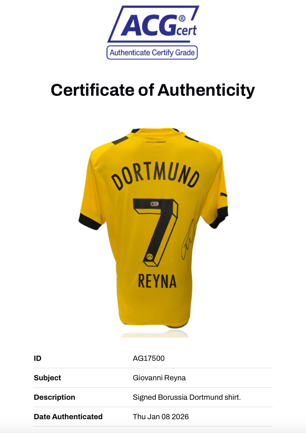 GIOVANNI REYNA SIGNED 22/23 BORUSSIA DORTMUND HOME SHIRT (ACG CERT AG17500)