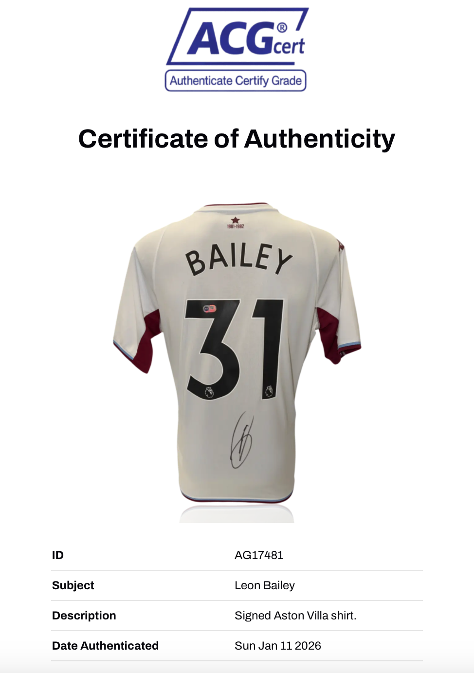 LEON BAILEY SIGNED 21/22 ASTON VILLA AWAY SHIRT (ACG CERT AG17481)