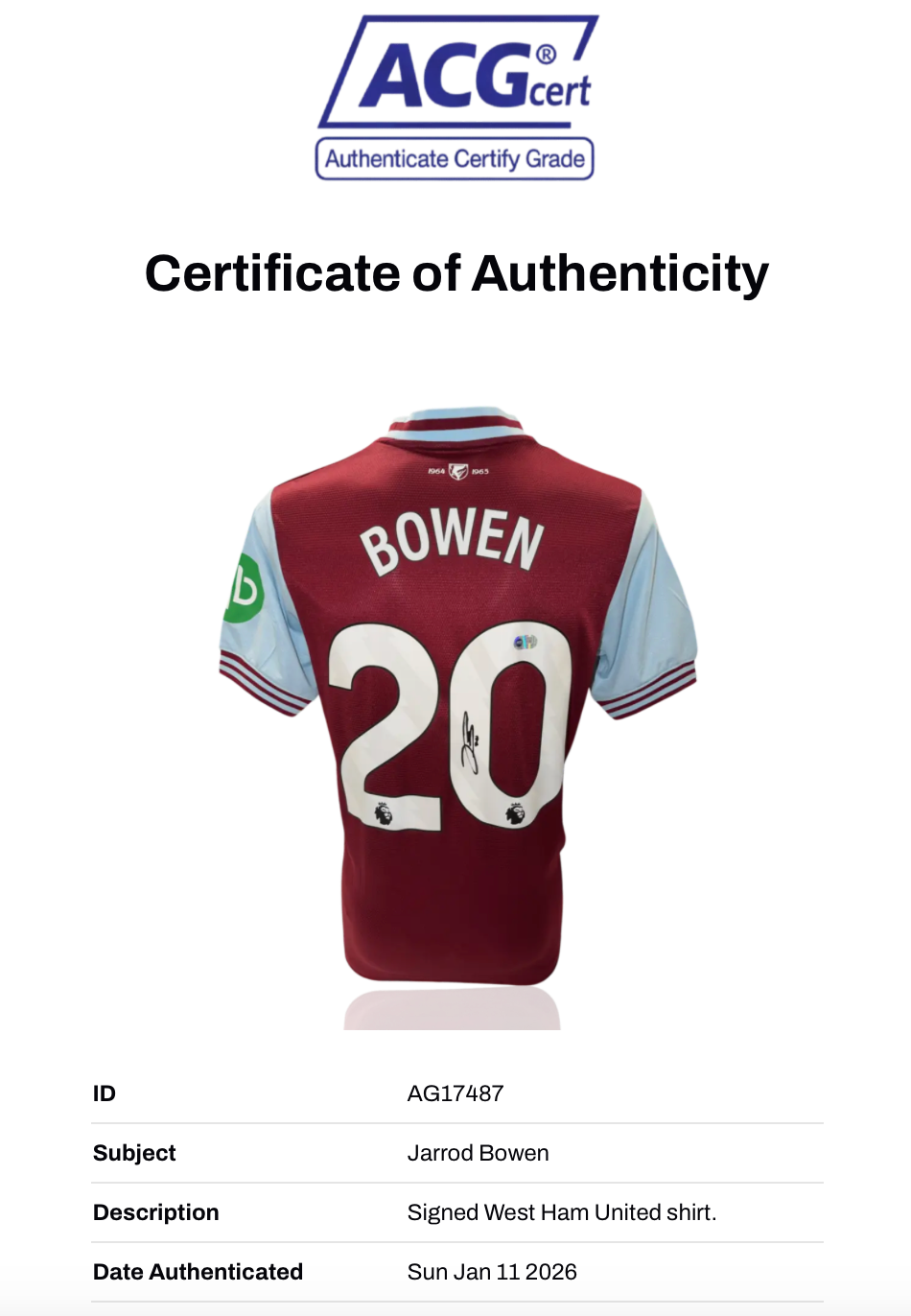 JARROD BOWEN SIGNED WEST HAM UNITED 2024/25 HOME SHIRT (ACG CERT AG17487)