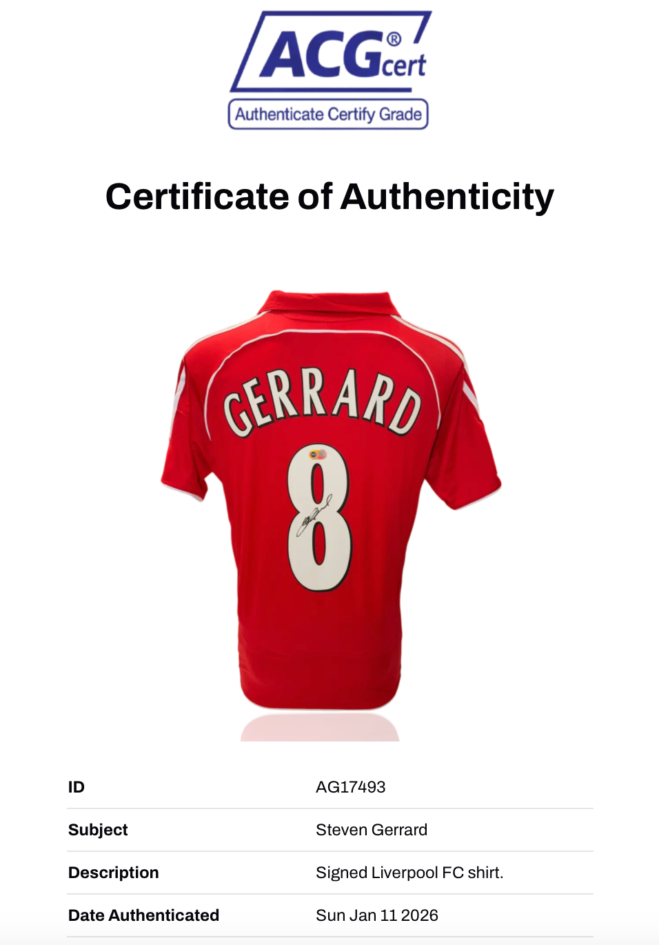 STEVEN GERRARD SIGNED LIVERPOOL FC HOME 2006/07 SHIRT (ACG CERT AG17493)
