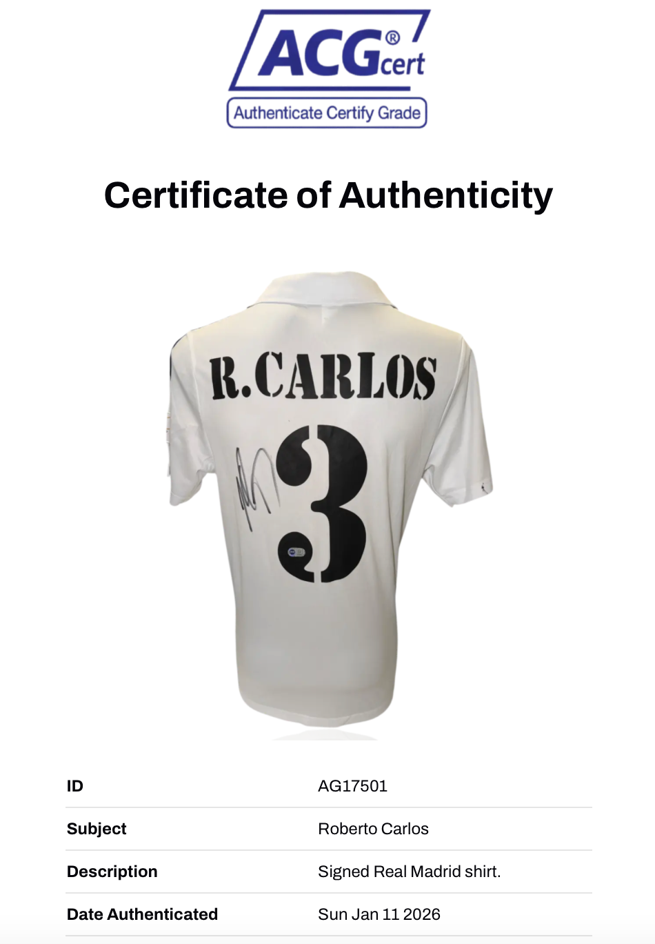 ROBERTO CARLOS SIGNED 2002/03 REAL MADRID HOME SHIRT (ACG CERT AG17501)