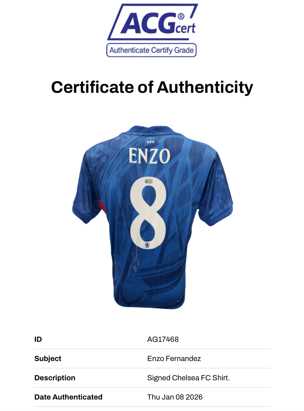 ENZO FERNANDEZ SIGNED CHELSEA FC 2025/26 HOME SHIRT (ACG CERT AG17468)